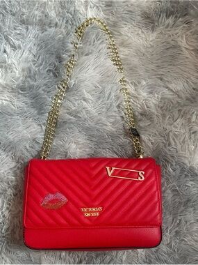 Victoria's Secret Red Quilted Chevron Shoulder Bag with Gold Chain